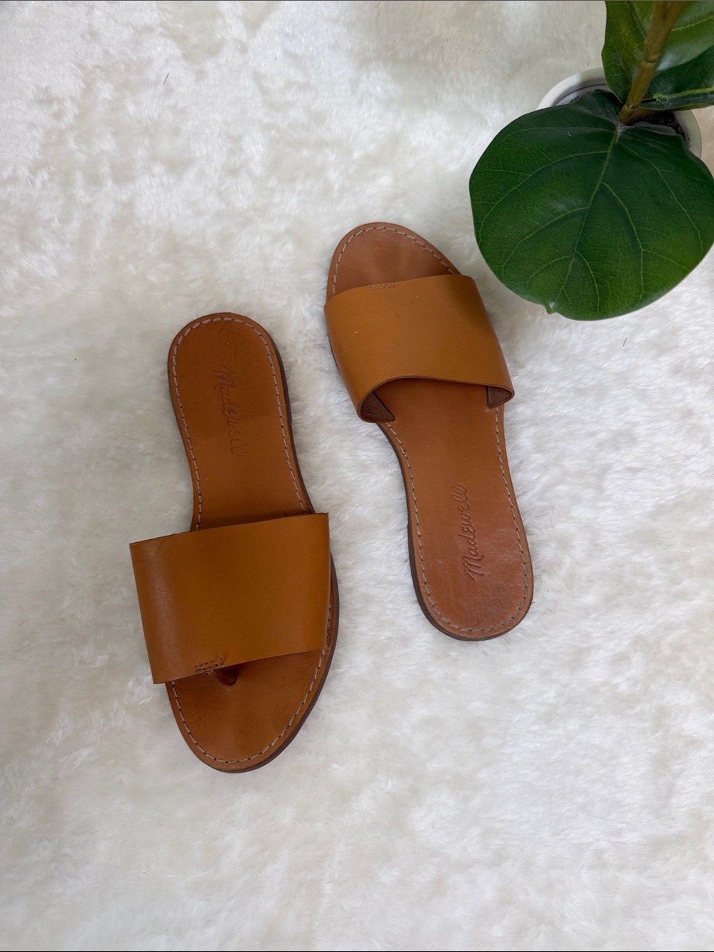 Madewell Cognac Brown Leather Slide Sandals